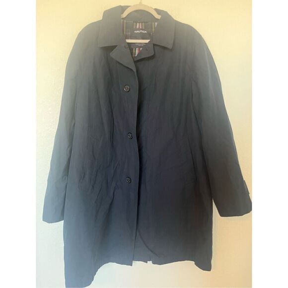 Men’s Nautica Navy Blue Button Up Trench Coat NEW - Picture 1 of 9